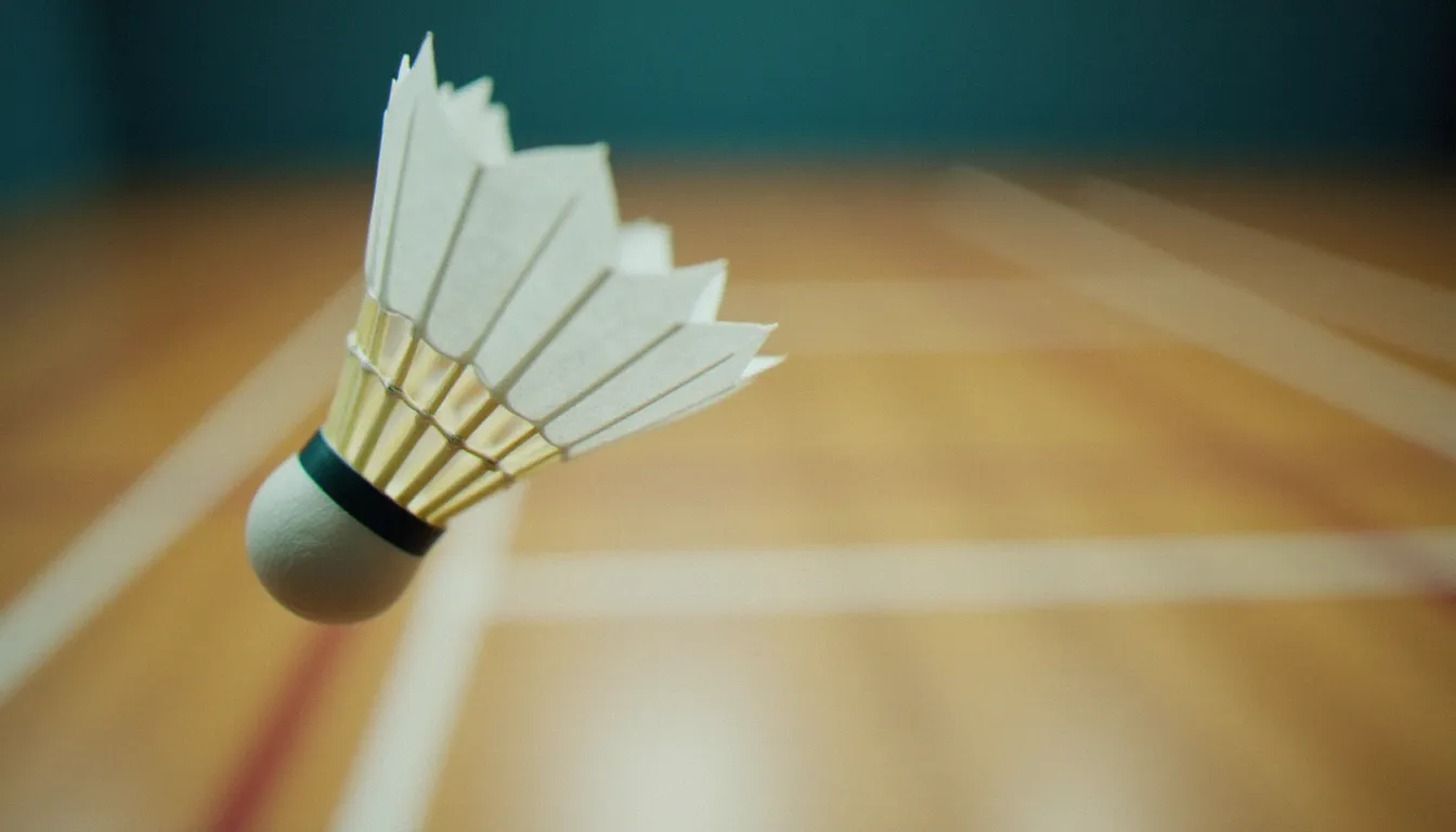 Volant de badminton en plein vol après un service, capturé en gros plan dans un gymnase lors d'une séance d'entraînement
