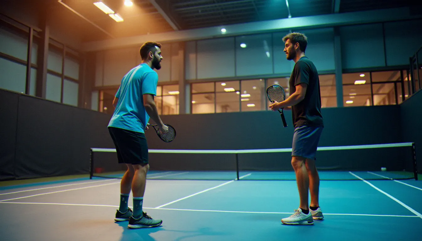 Joueur de padel en position de service derrière la ligne de fond d'un court couvert, prêt à effectuer le rebond réglementaire avant la frappe