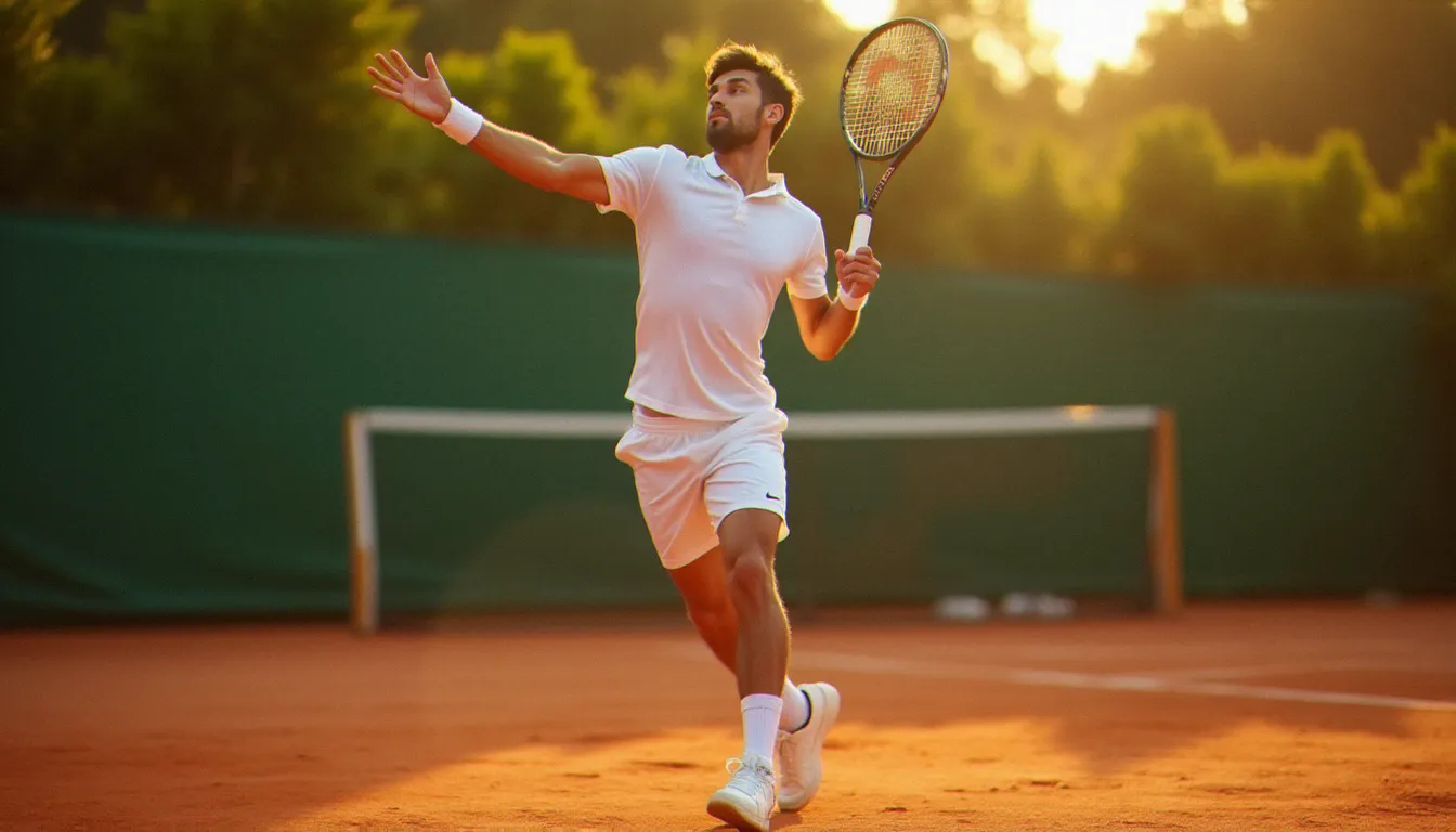 Joueur de tennis en plein geste de service sur court en terre battue, illustrant la technique de service en sports de raquette
