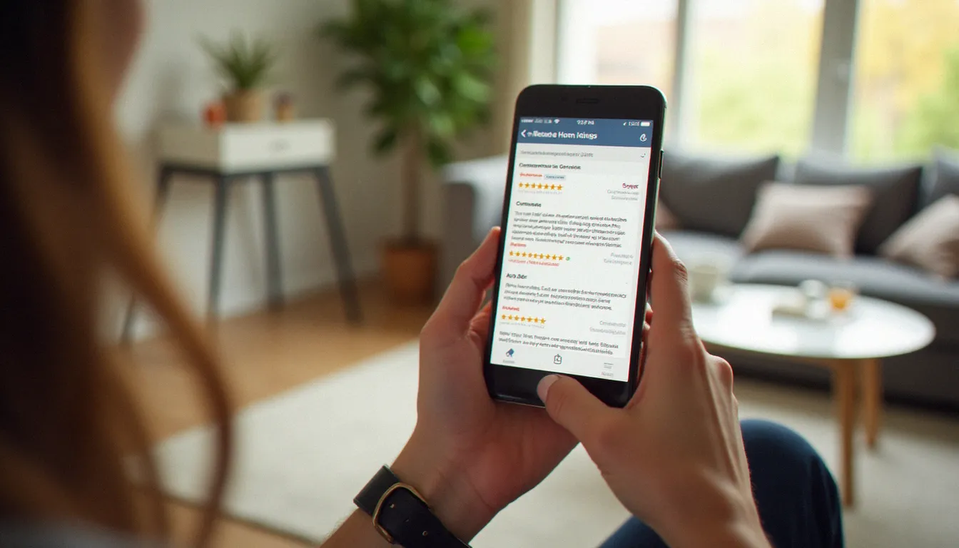 Femme consultant des avis services à domicile sur son smartphone dans son salon confortable, pour identifier un prestataire de confiance avant de prendre contact