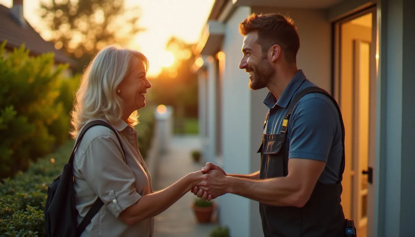 Intervenant Move Confort Services en uniforme serrant chaleureusement la main d'une cliente satisfaite devant son domicile à Clermont-Ferrand, incarnant la qualité des services et la confiance reflétée dans les avis positifs