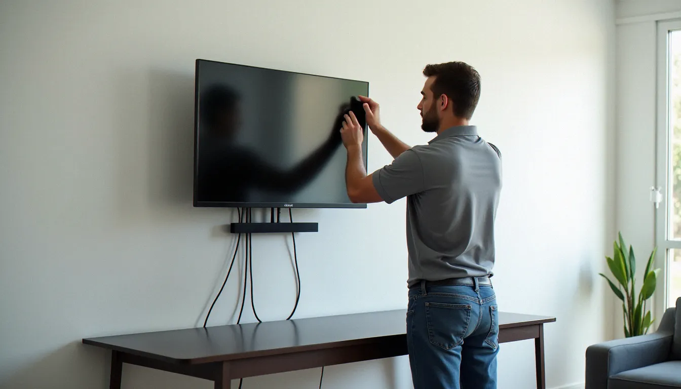 Technicien de service à domicile installant un écran gaming mural dans un salon moderne à Clermont-Ferrand