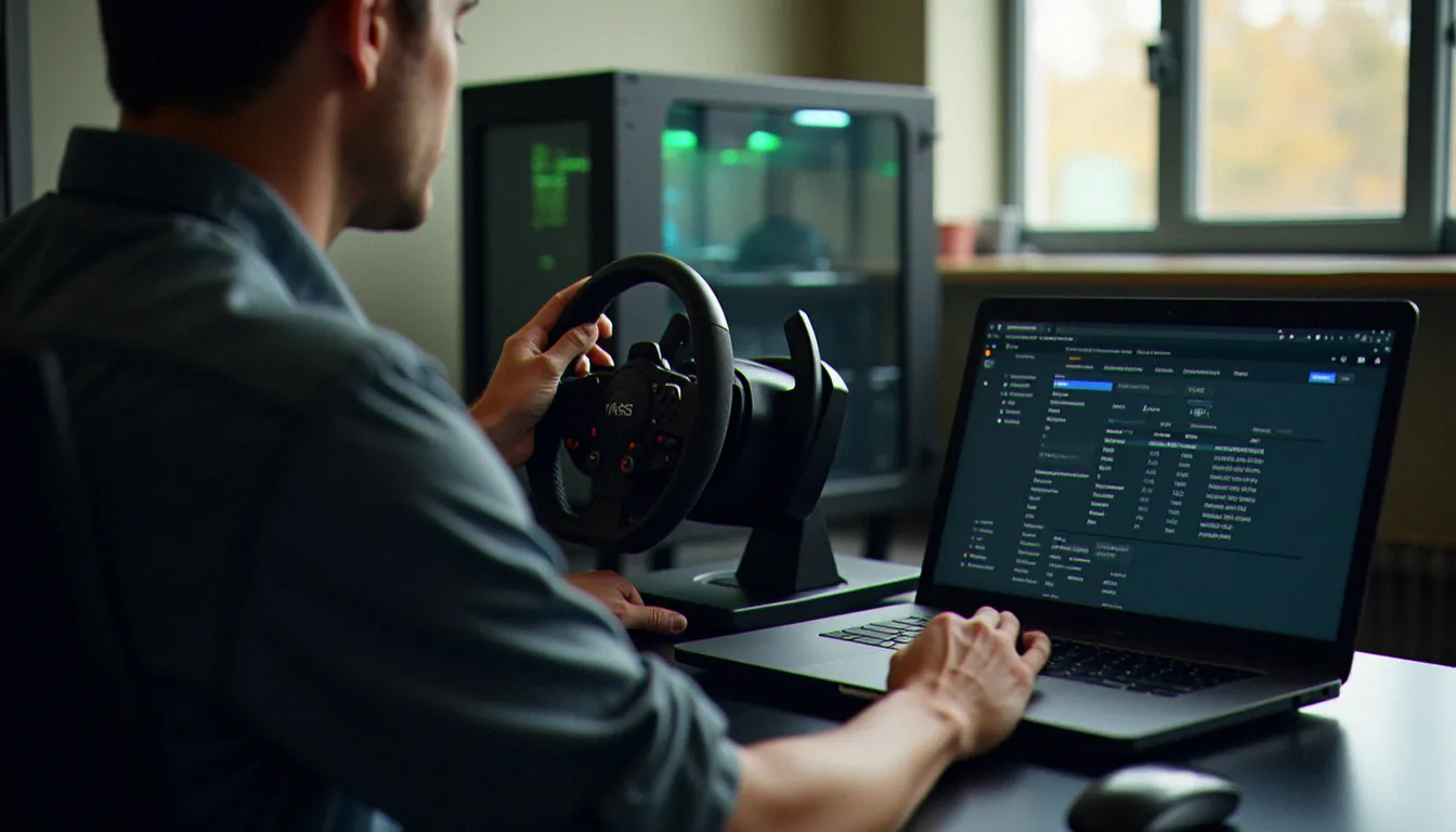 Technicien en train de calibrer un volant force feedback dans le cadre d'une installation professionnelle de services de jeu à domicile