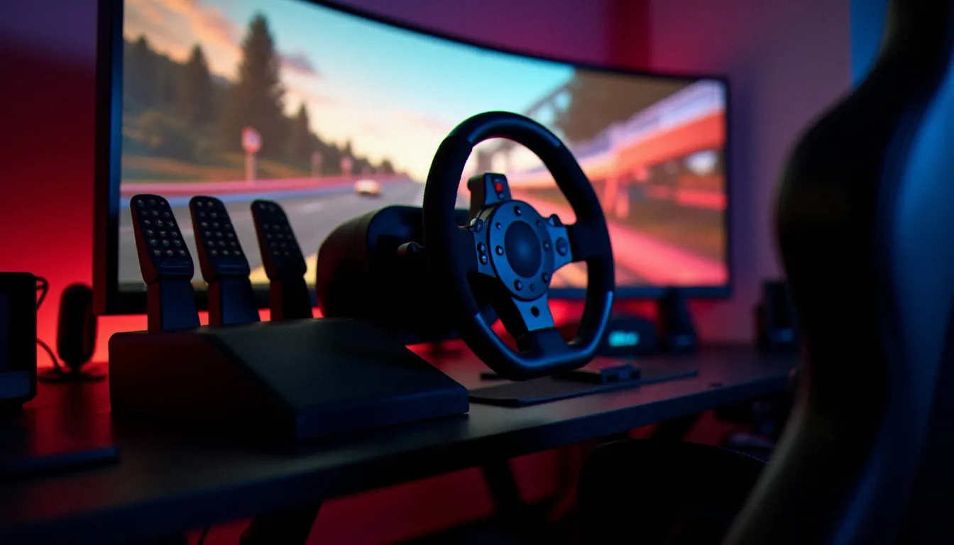 Volant de course Fanatec et pédalier installés sur un setup gaming optimisé pour jouer à Forza Horizon 6 dans les meilleures conditions ergonomiques