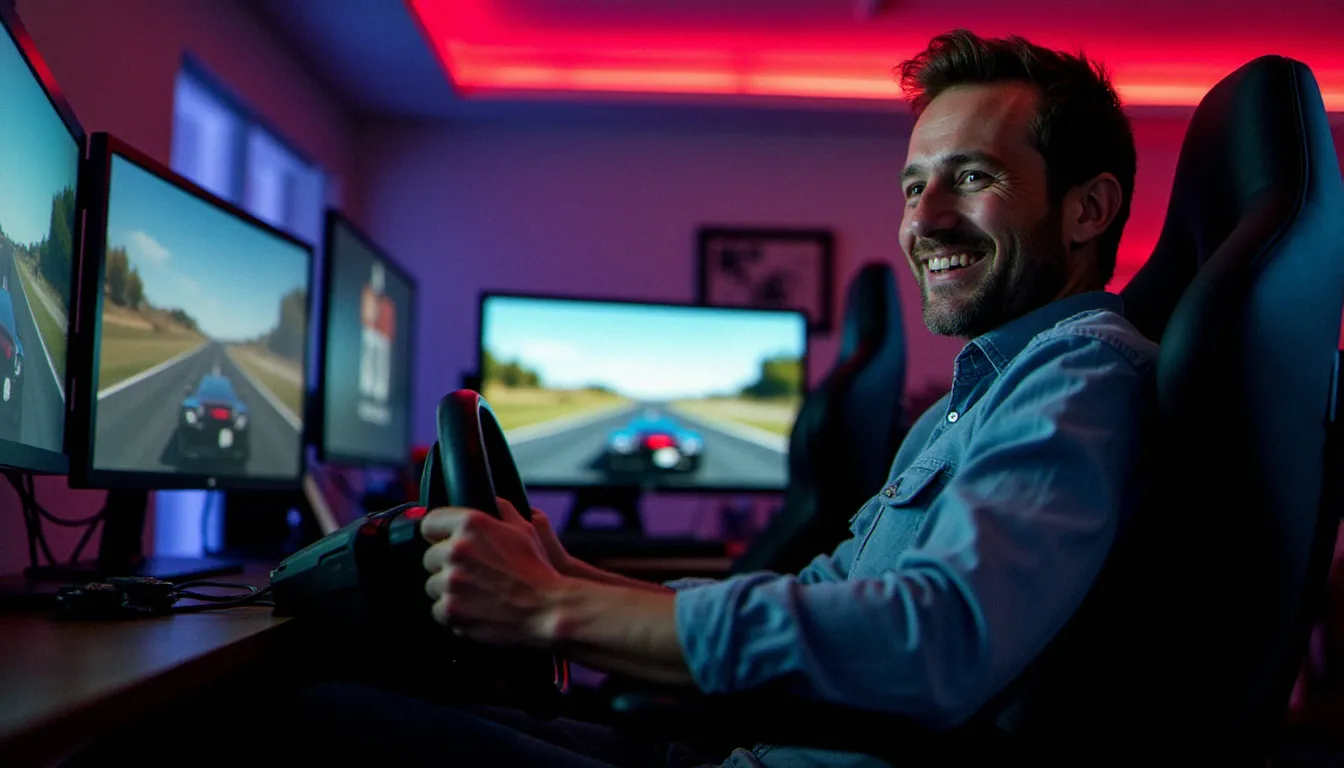 Joueur adulte confortablement installé dans un siège gaming ergonomique devant un écran affichant un jeu de course, résultat d'une configuration professionnelle de services gaming à domicile