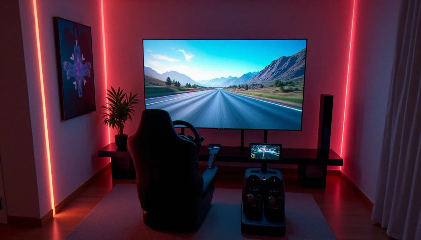 Espace gaming premium aménagé à domicile avec siège simulateur de course et écran OLED pour les services de jeu Forza Horizon 6