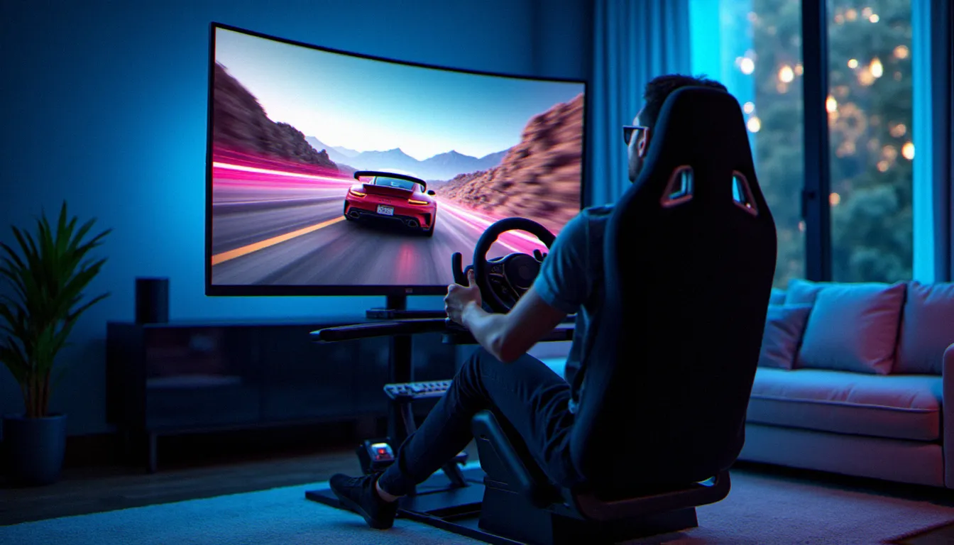 Setup gaming complet avec volant de course et écran 4K installés dans un salon moderne, illustrant les services de jeu Forza Horizon 6 à domicile