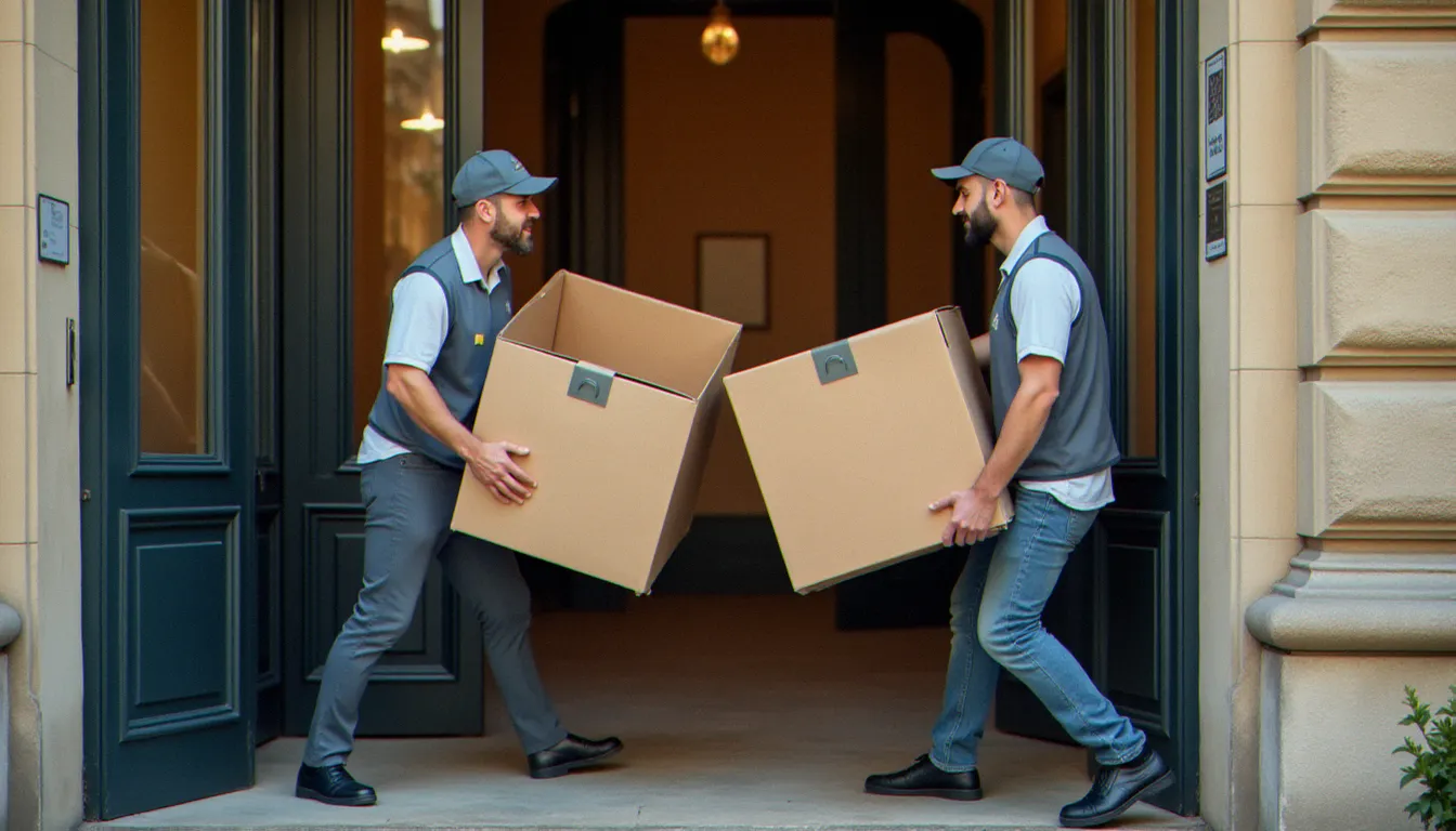 Deux déménageurs professionnels de Move Confort Services portant des cartons dans un immeuble du centre-ville, illustrant un service de déménagement efficace dans le Puy-de-Dôme