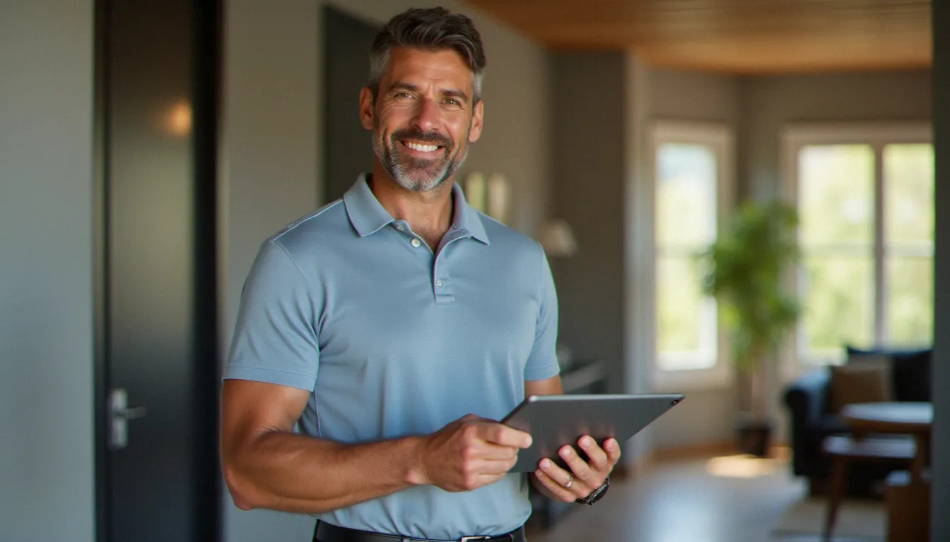 Nicolas Chevalier, conseiller habitat de Move Confort Services, tenant une tablette dans un appartement modernisé, illustrant des services efficaces en 4 lettres comme AIDE à domicile