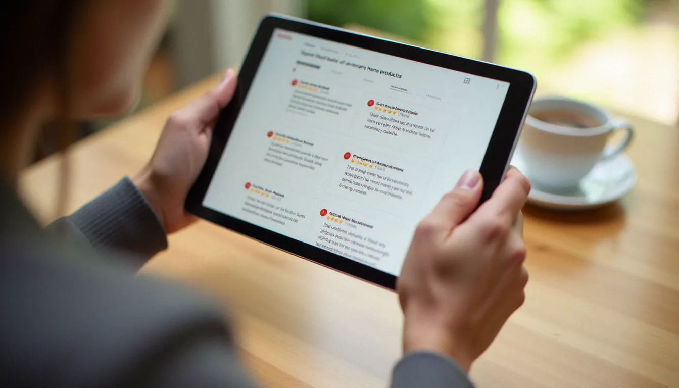 Personne consultant des commentaires Xiaomi sur une tablette pour comparer les avis clients avant l'achat d'un produit connecté pour la maison