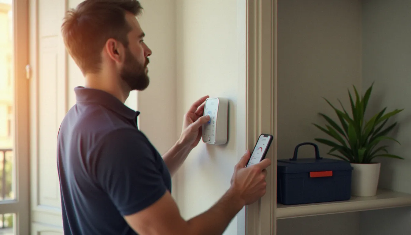 Technicien professionnel réalisant l'installation et la configuration d'un thermostat connecté Xiaomi sur le mur d'un appartement moderne