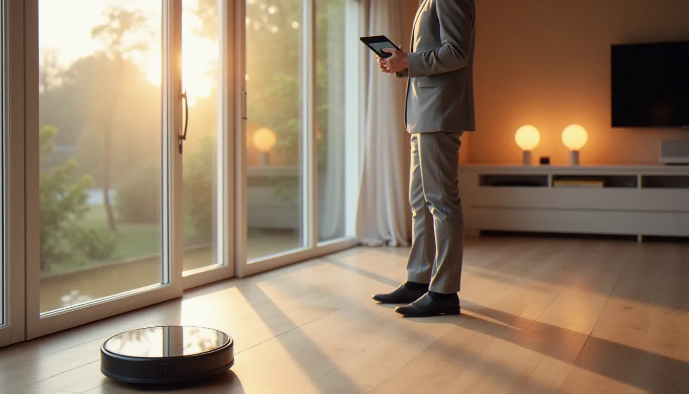 Conseiller habitat présentant une installation complète de services domotiques Xiaomi dans un salon lumineux, illustrant les services et commentaires Xiaomi au quotidien