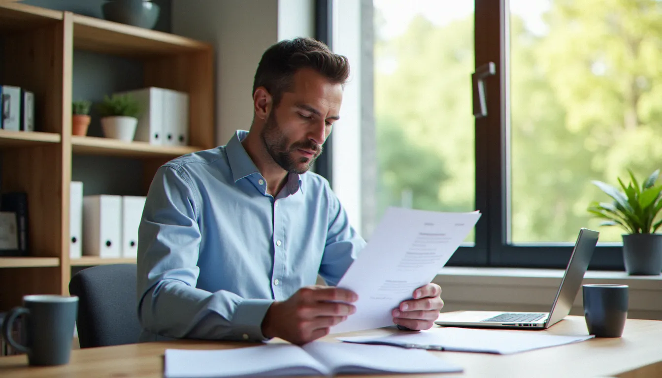 Conseiller en services guide reading analysant un document administratif complexe dans un bureau à domicile lumineux