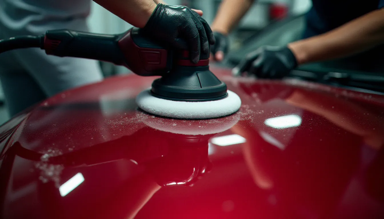 Technicien utilisant une machine à polir orbitale sur le capot rouge d'une berline de luxe pour supprimer les micro-rayures, opération de correction de peinture en atelier professionnel de detailing automobile