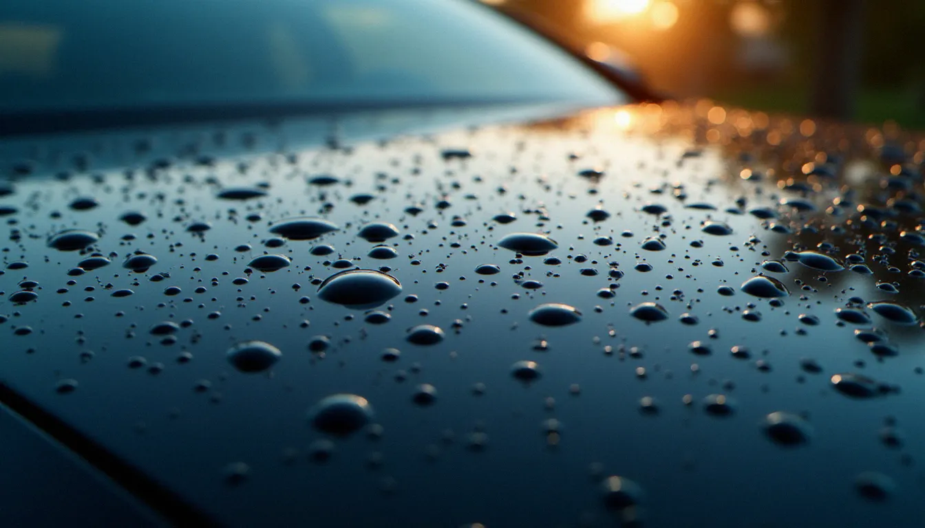 Gros plan macro sur l'effet hydrophobe d'une protection céramique professionnelle, gouttelettes d'eau formant des sphères parfaites sur une peinture noire miroir après application du coating automobile