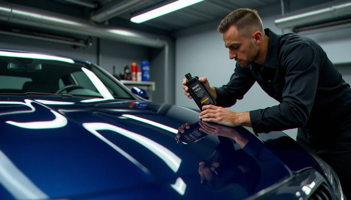 Technicien professionnel en tenue noire appliquant un revêtement céramique sur la carrosserie bleue d'une voiture de sport dans un atelier de detailing haut de gamme, illustrant les services offered by dangerous curves auto detailing