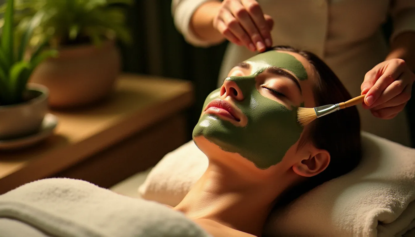 Femme recevant un soin du visage à l'argile botanique dans un institut spa, application professionnelle d'un masque naturel vert par une praticienne certifiée