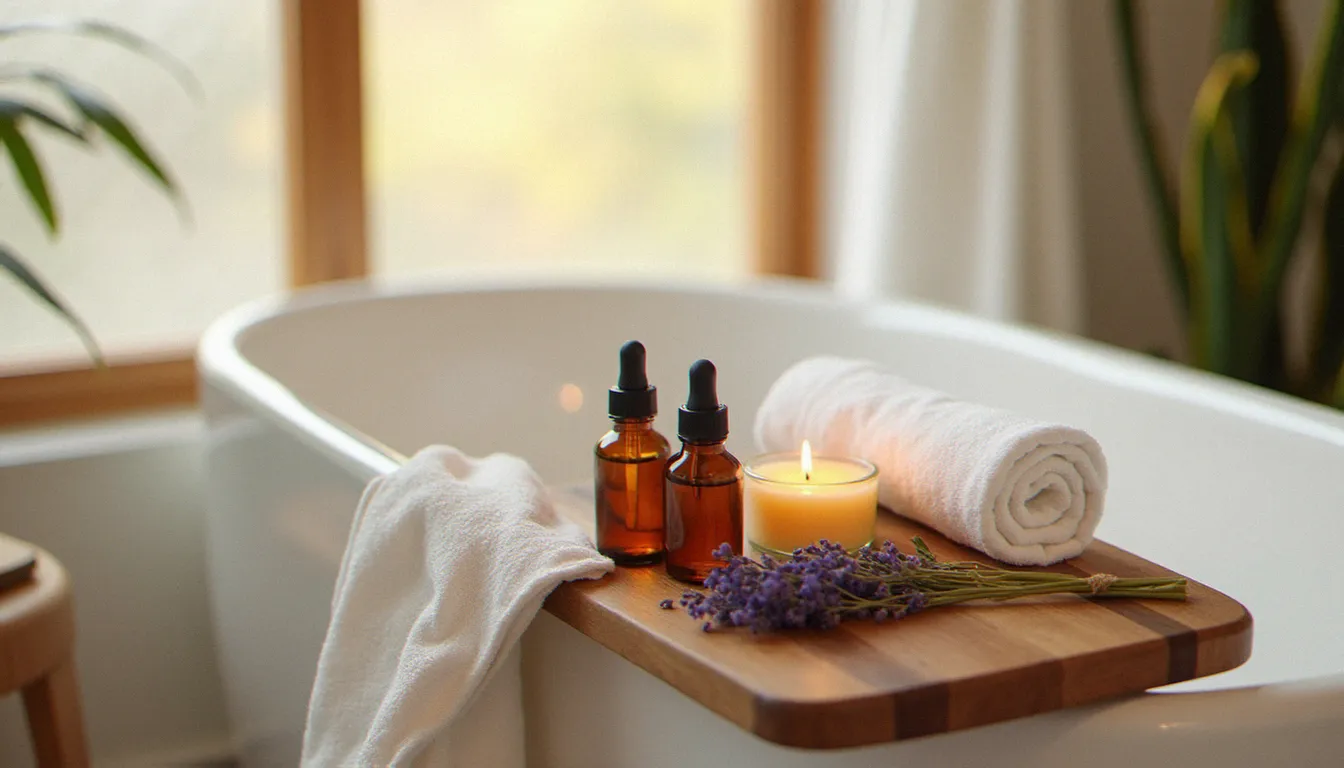 Plateau de soins bien-être naturels artisanaux posé près d'une baignoire sur pieds, avec huiles essentielles, lavande séchée et serviette en lin, évoquant un rituel de beauté naturelle à domicile