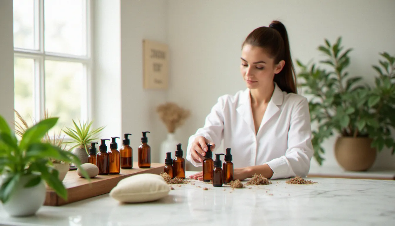 Esthéticienne professionnelle organisant une gamme de soins naturels en flacon ambré sur comptoir en marbre, illustrant les services offered by Naturel Beauty Ltd dans un spa moderne