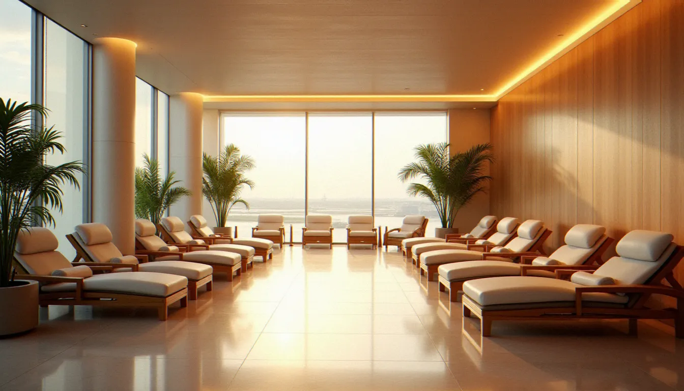 Espace de détente d'un centre de bien-être aéroportuaire avec fauteuils de massage alignés et décoration végétale, atmosphère sereine pendant une escale