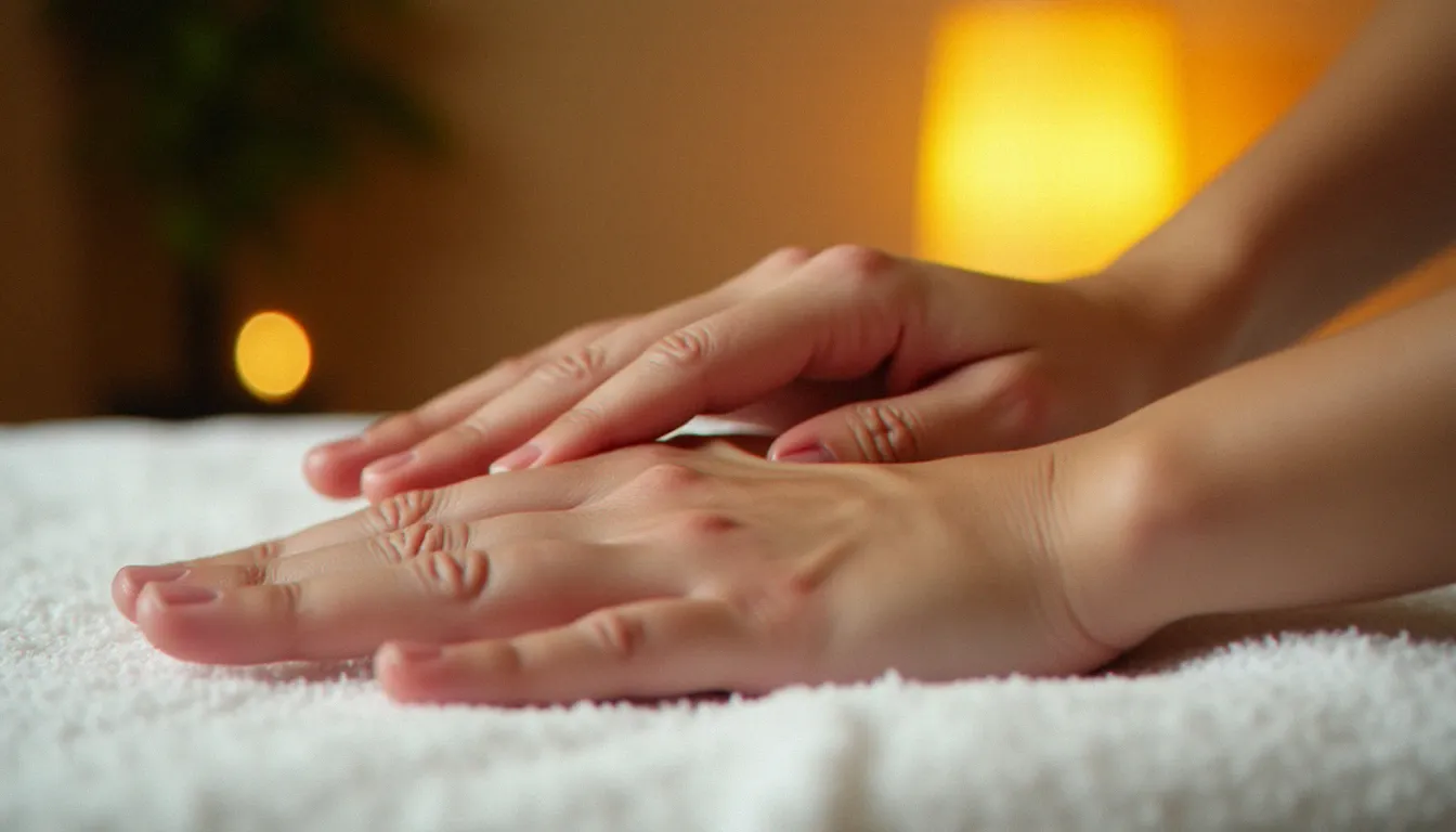 Gros plan sur un massage thérapeutique des mains et avant-bras avec huile aromatique, illustrant les soins express disponibles en transit à l'aéroport de Changi Terminal 3