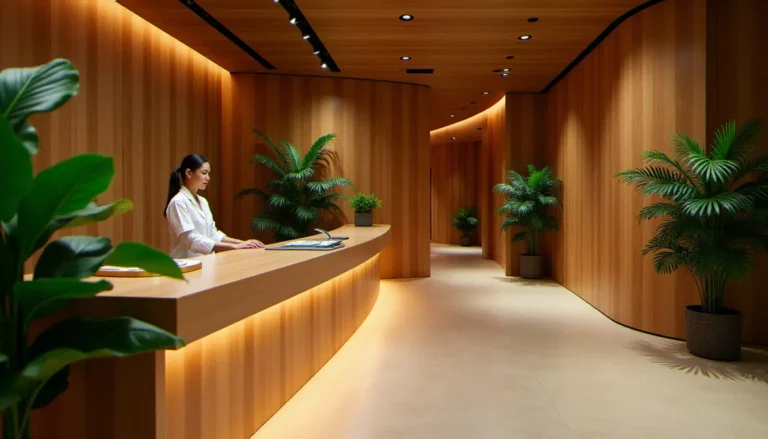 Réception d'un centre de bien-être offrant les services offered by natureland ion orchard, avec un décor naturel en bois et des plantes tropicales