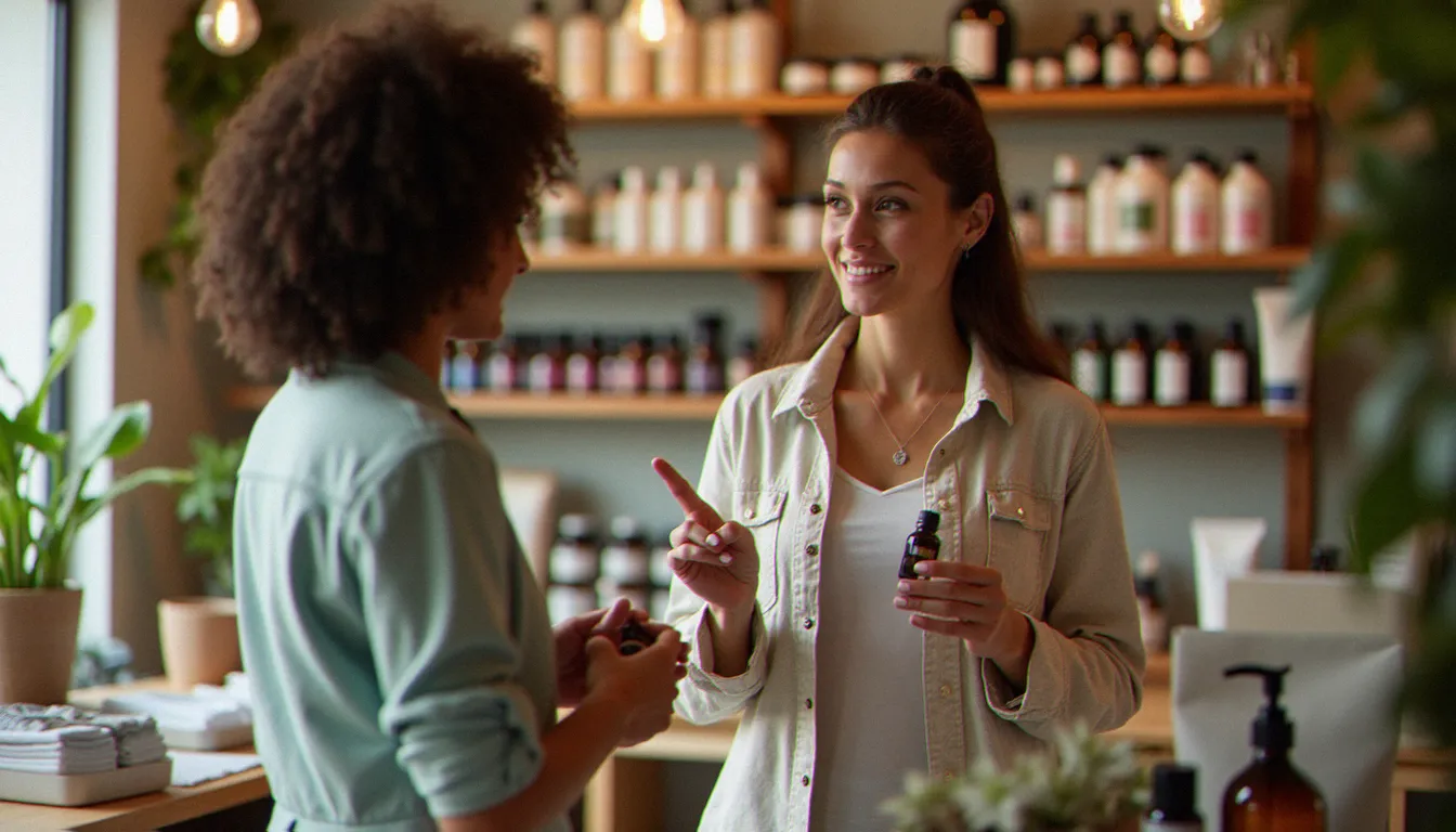 Conseillère en boutique de produits naturels expliquant les bénéfices d'une huile essentielle à une cliente, illustrant le service de conseil personnalisé proposé en magasin