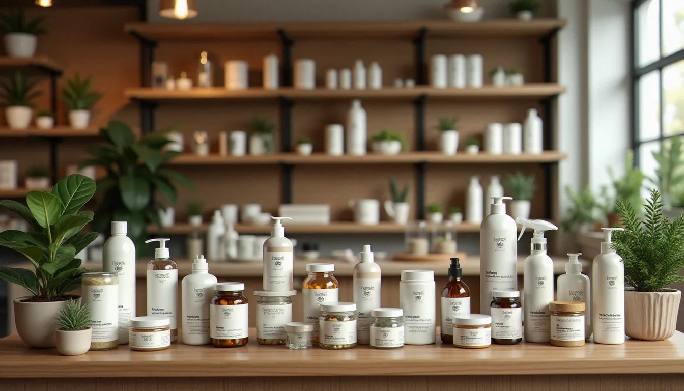 Présentation organisée des différentes gammes de produits naturels disponibles en magasin, de la cosmétique bio aux compléments alimentaires en passant par l'entretien écologique