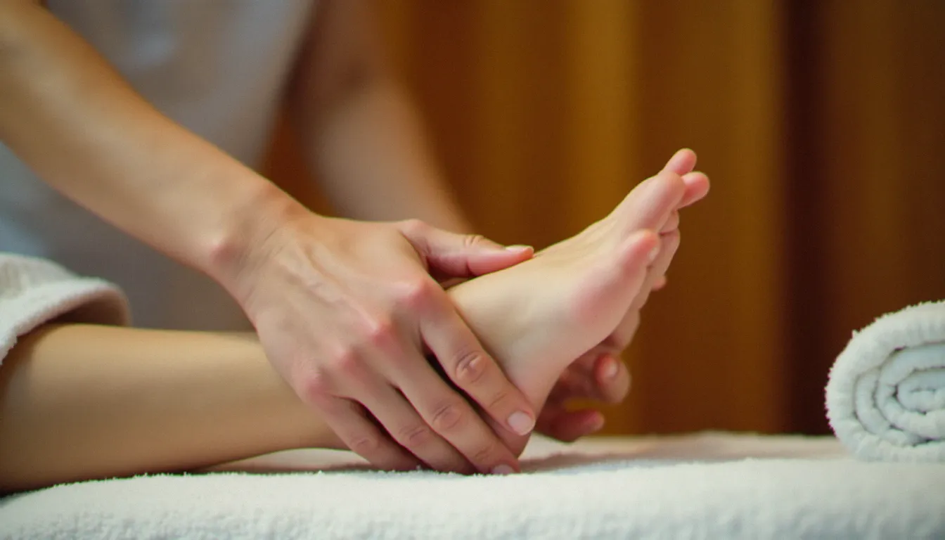 Séance de réflexologie plantaire professionnelle illustrant les services de massage de Natureland Orchard, les mains du thérapeute appliquant une pression précise sur les points réflexes du pied