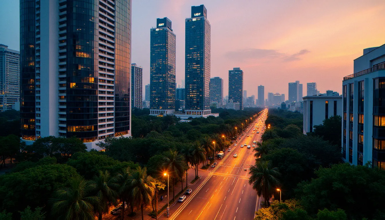 Vue aérienne panoramique d'Orchard Road à Singapour au crépuscule, avec le complexe Liat Towers se distinguant parmi les tours illuminées du quartier commercial où est implanté Natureland