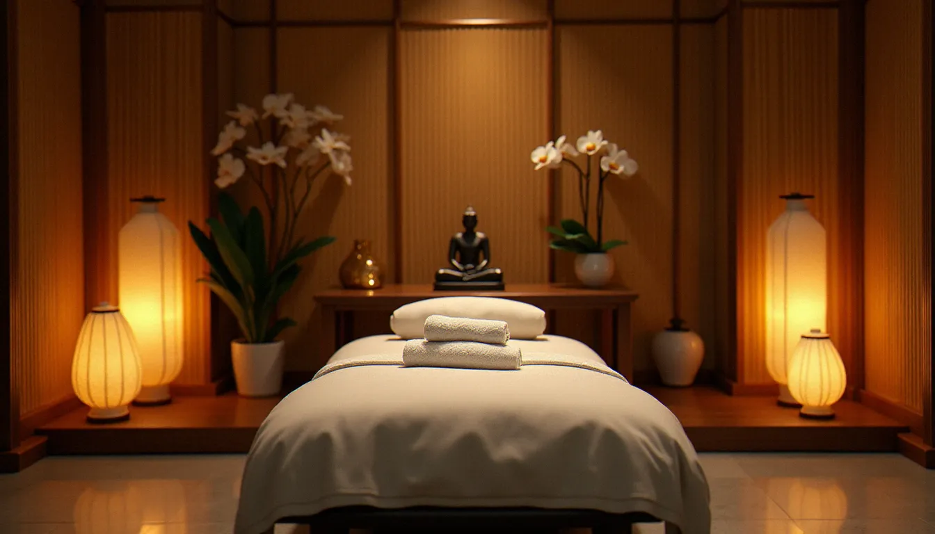Salle de soin zen et épurée illustrant les services offerts par Natureland Orchard Liat Towers, avec table de massage en bois, serviettes blanches et ambiance lumineuse apaisante