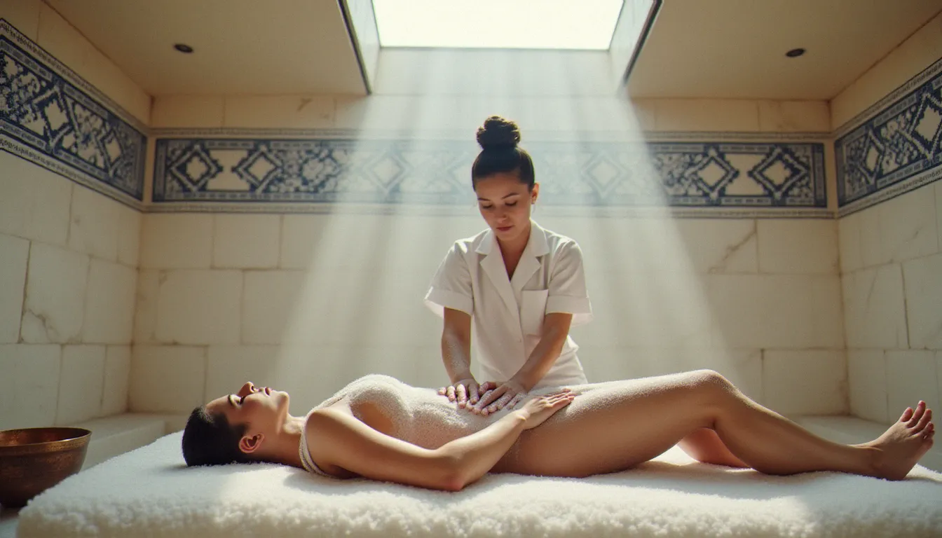 Thérapeute professionnelle effectuant un gommage au kessa sur table en marbre chauffé dans un hammam traditionnel, représentant l'étape de soin corps proposée au NatureLife Spa Marina Abu Dhabi