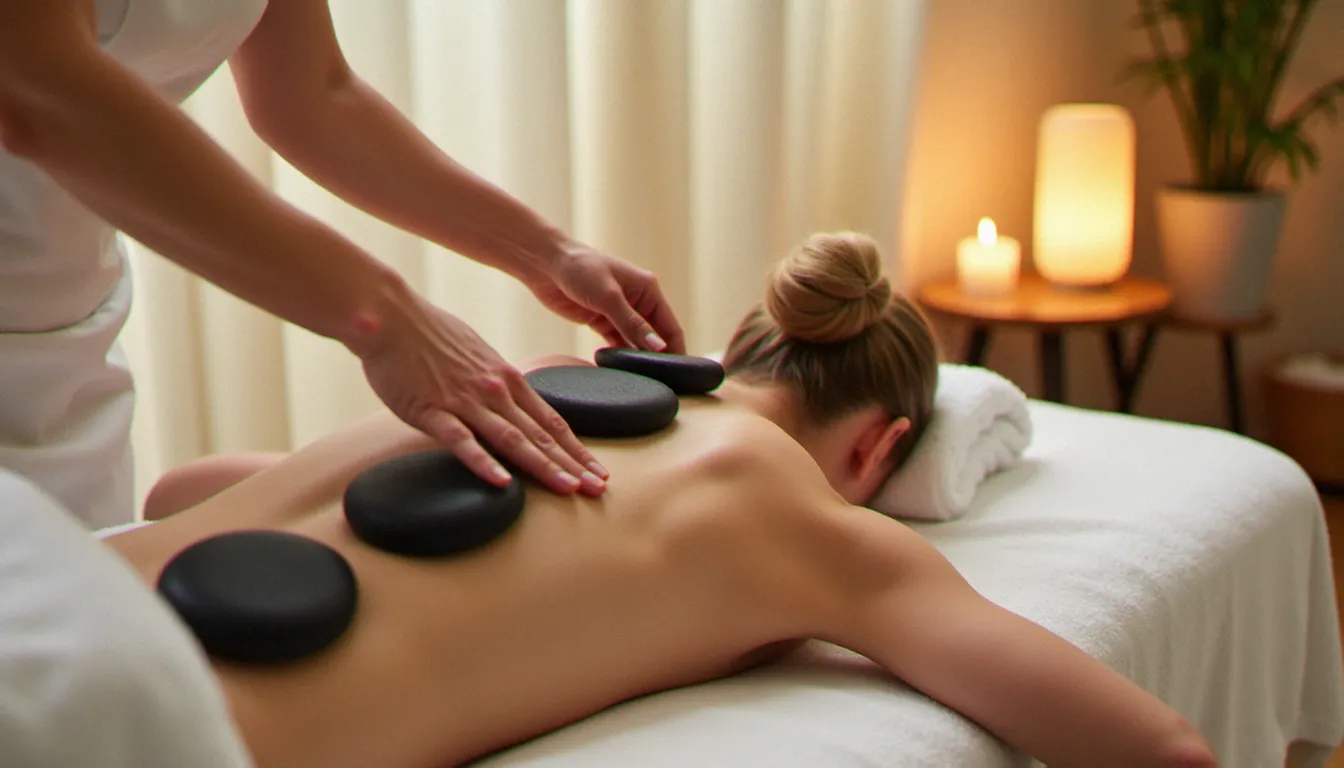 Thérapeute professionnel réalisant un massage aux pierres chaudes dans une cabine de soin lumineuse, symbolisant les soins corporels disponibles au Naturelife Spa Marina Abu Dhabi