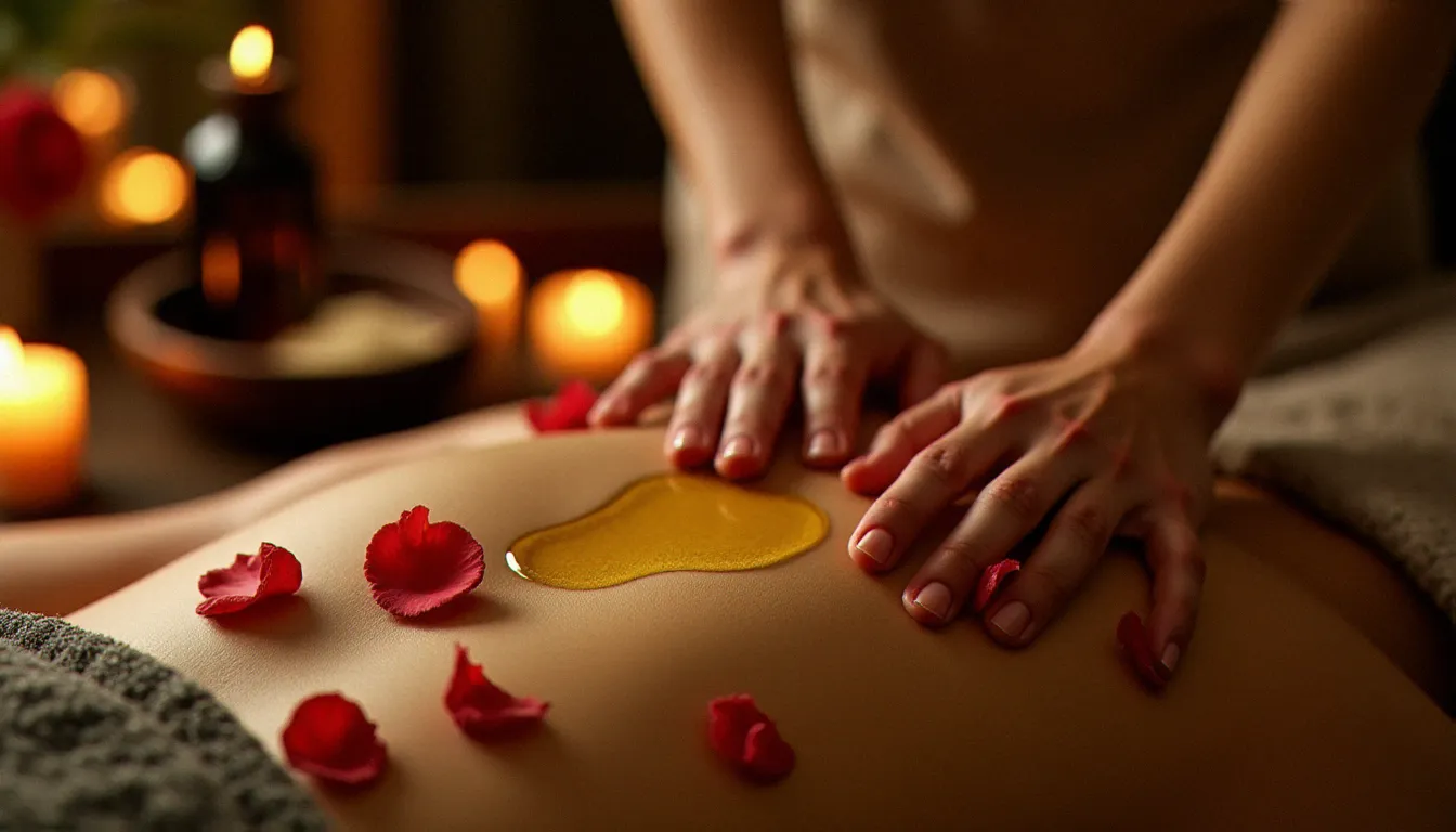 Application d'huile d'argan chaude sur le dos d'un client lors du Ritual Arabien des Sables, soin signature emblématique parmi les services du NatureLife Spa Marina Abu Dhabi
