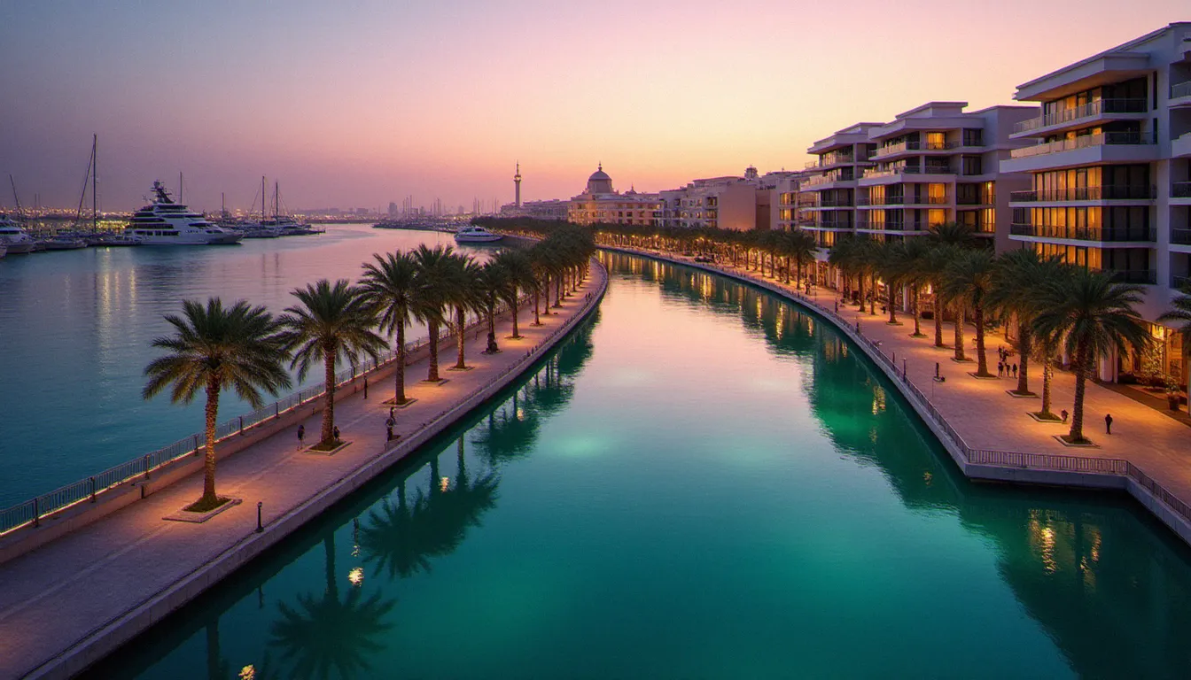 Promenade de la marina d'Abu Dhabi au coucher du soleil, illustrant l'environnement calme et ressourçant qui entoure le Naturelife Spa Marina Abu Dhabi
