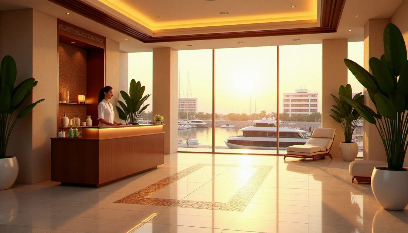 Espace d'accueil luxueux d'un spa premium en bord de marina à Abu Dhabi, illustrant les services offered by NatureLife Spa Marina Abu Dhabi avec décoration naturelle et vue sur l'eau