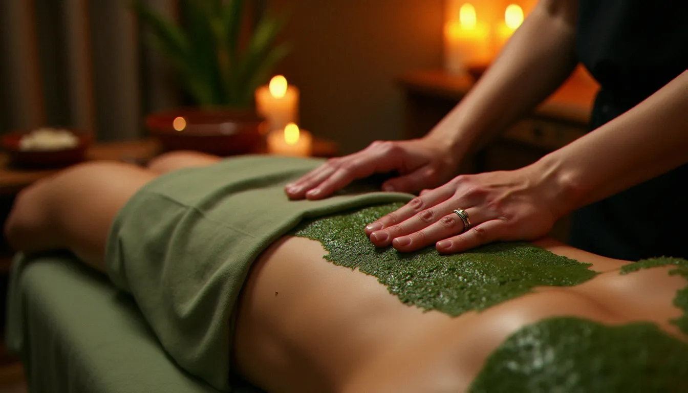 Thérapeute appliquant un enveloppement aux algues marines sur le dos d'une cliente dans une salle de soin aux tons naturels d'un spa premium