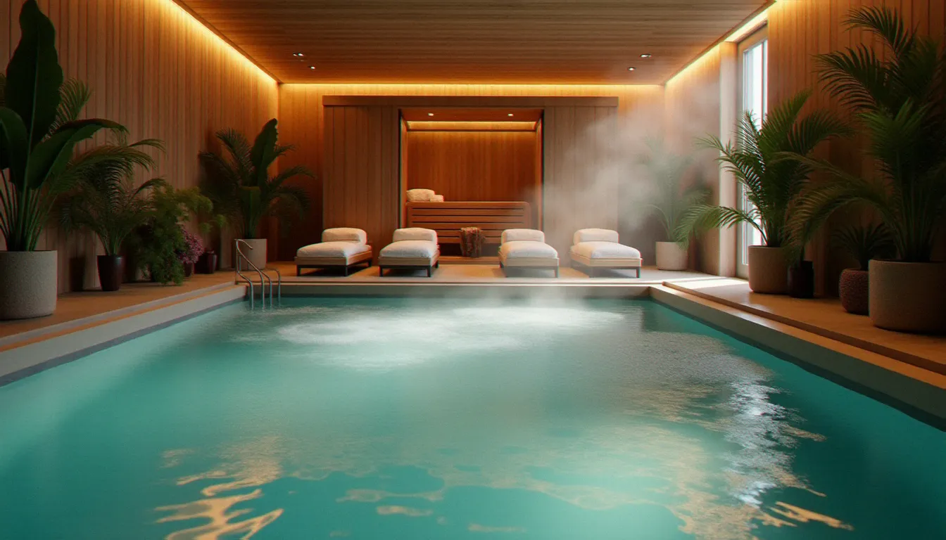 Espace balnéothérapie d'un spa premium avec piscine à jets, sauna en bois et clients détendus sur des fauteuils zéro gravité dans une atmosphère apaisante