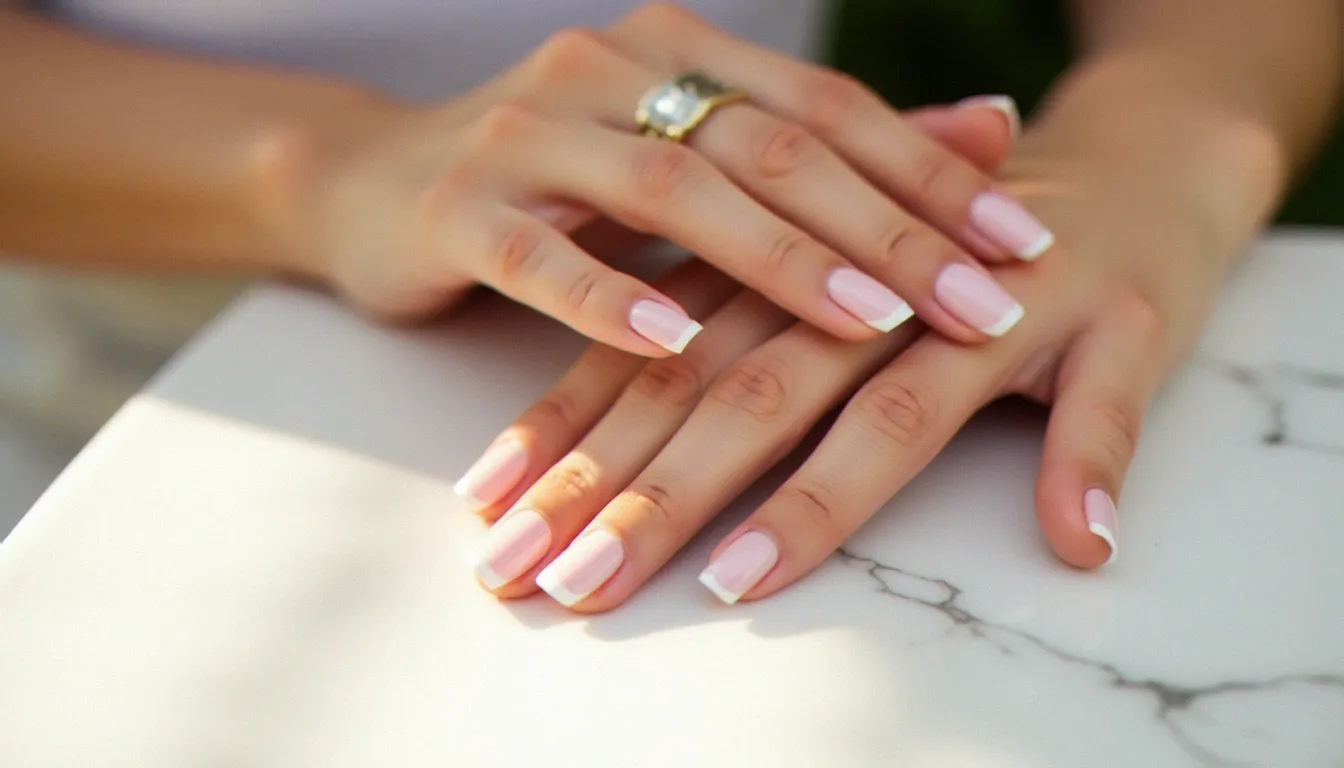 Mains soignées avec pose gel French reposant sur marbre blanc, illustrant les prestations manucure de Naturelle Nails