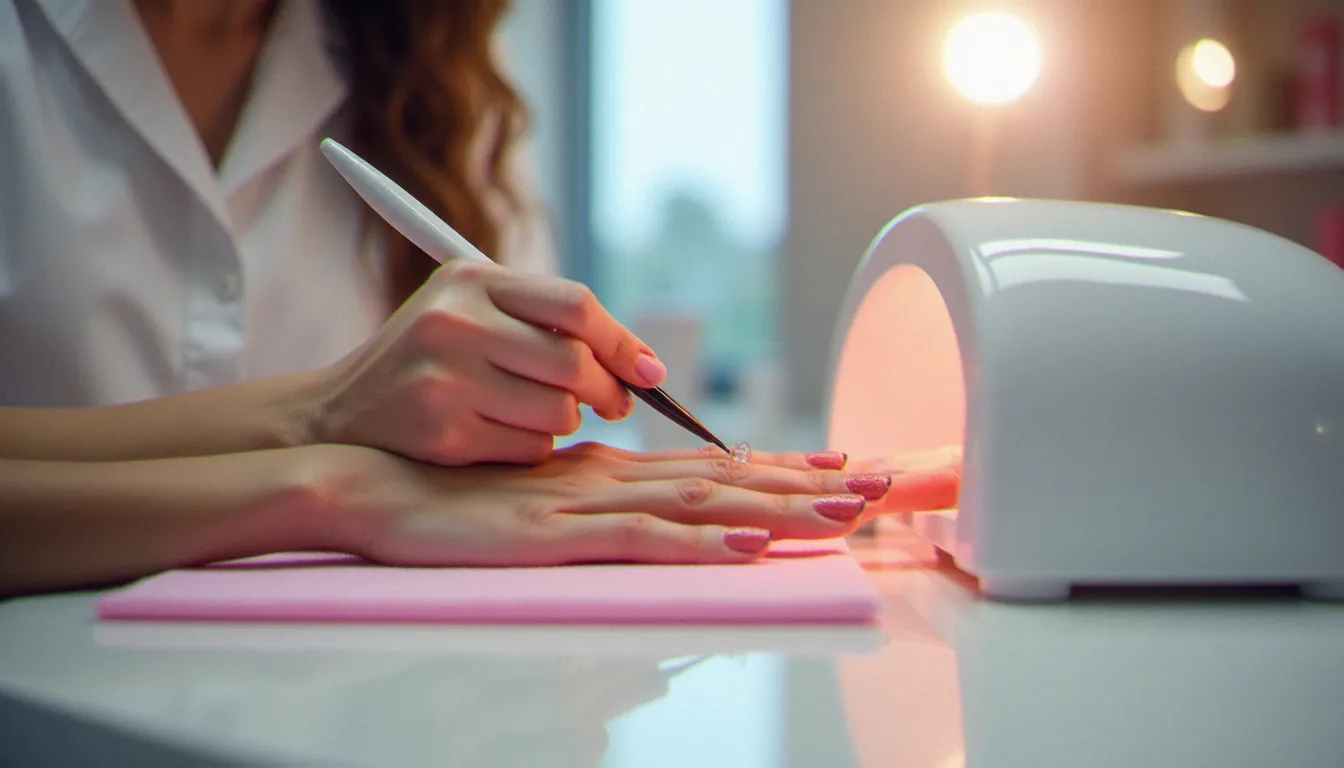 Technicienne ongulaire appliquant du gel sur les ongles d'une cliente dans un salon moderne — services offered by Naturelle Nails