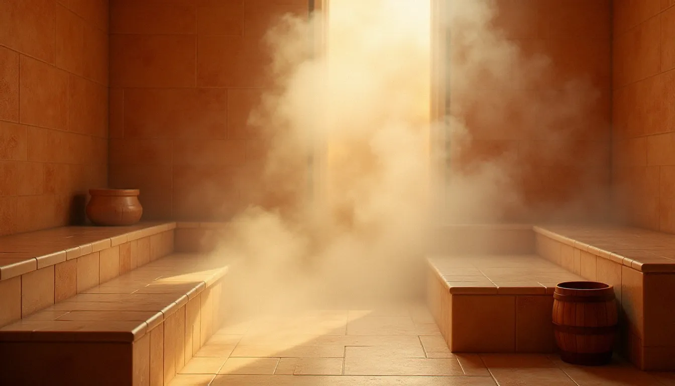 Espace hammam avec vapeur chaude et bancs en marbre illustrant les équipements thermaux disponibles dans les services de Calicéo Sainte-Foy-lès-Lyon