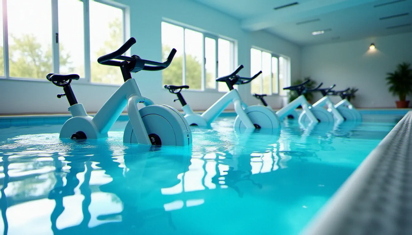 Salle d'aquabike avec vélos immergés dans un bassin intérieur lumineux, illustrant les activités sportives aquatiques proposées par Calicéo Sainte-Foy-lès-Lyon