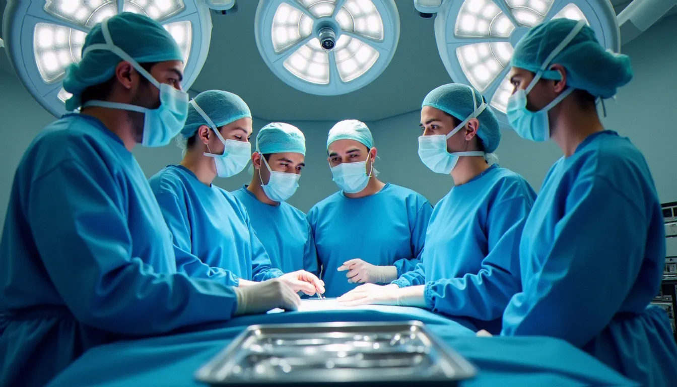 Équipe chirurgicale en salle d'opération moderne représentant les services chirurgicaux spécialisés disponibles en clinique privée