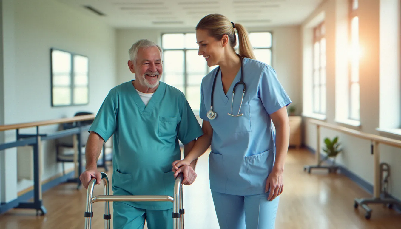 Séance de rééducation kinésithérapeutique avec un patient âgé marchant avec un déambulateur dans le service de rééducation d'une clinique médicale privée
