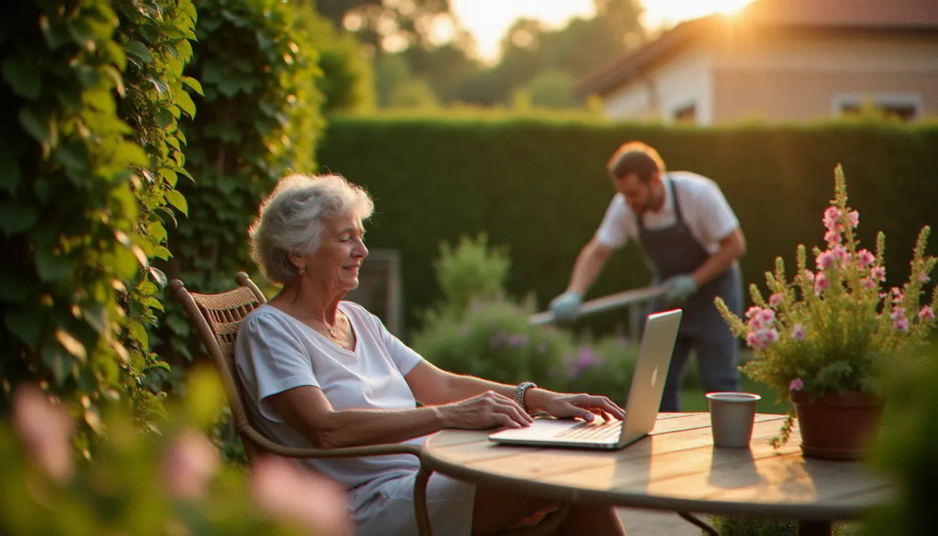 Femme profitant de son temps libéré sur sa terrasse pendant qu'un jardinier entretient son jardin, illustrant le gain de sérénité offert par les services à domicile à Châteauneuf-sur-Isère