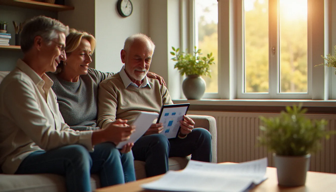 Couple de propriétaires en consultation avec un expert en services recettes non fiscales pour structurer les revenus de leur logement