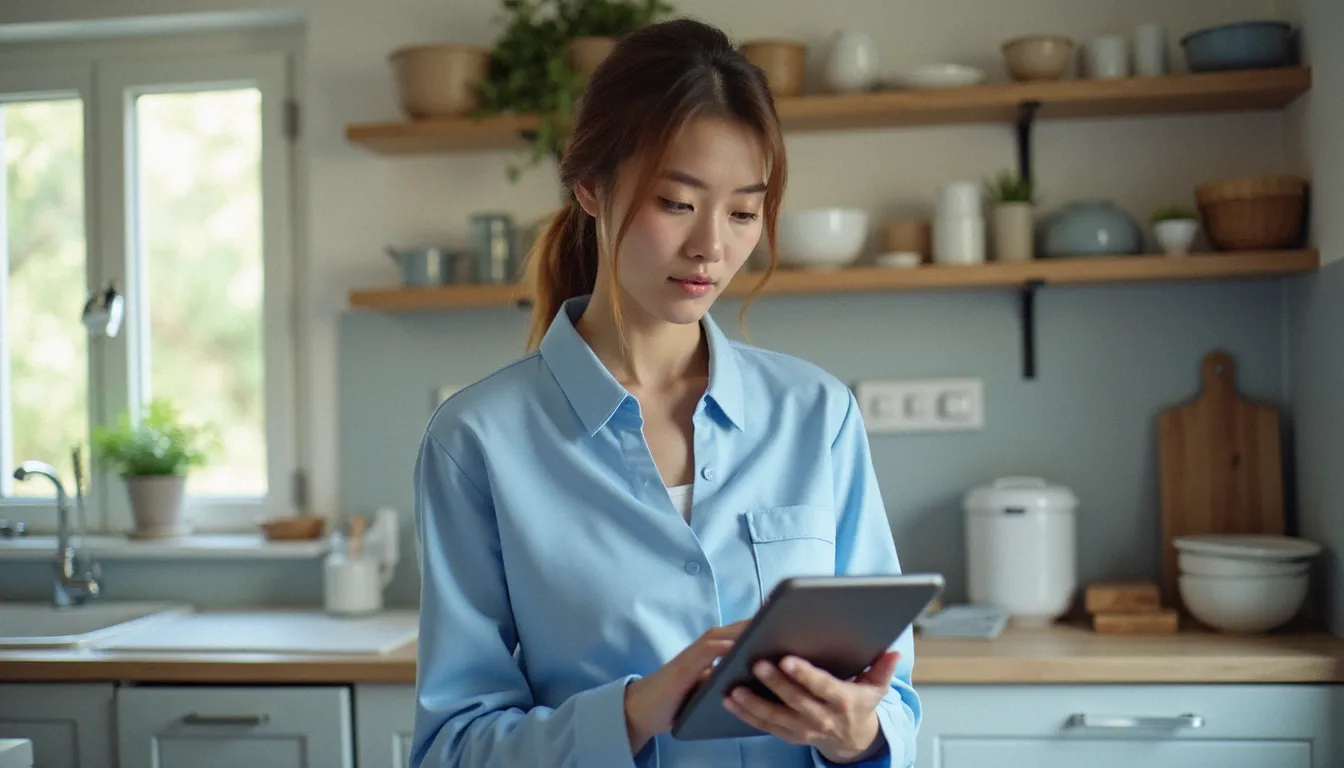 Une professionnelle vérifie une liste de contrôle sur tablette dans une cuisine résidentielle française bien organisée, illustrant le suivi rigoureux des services sans soucis