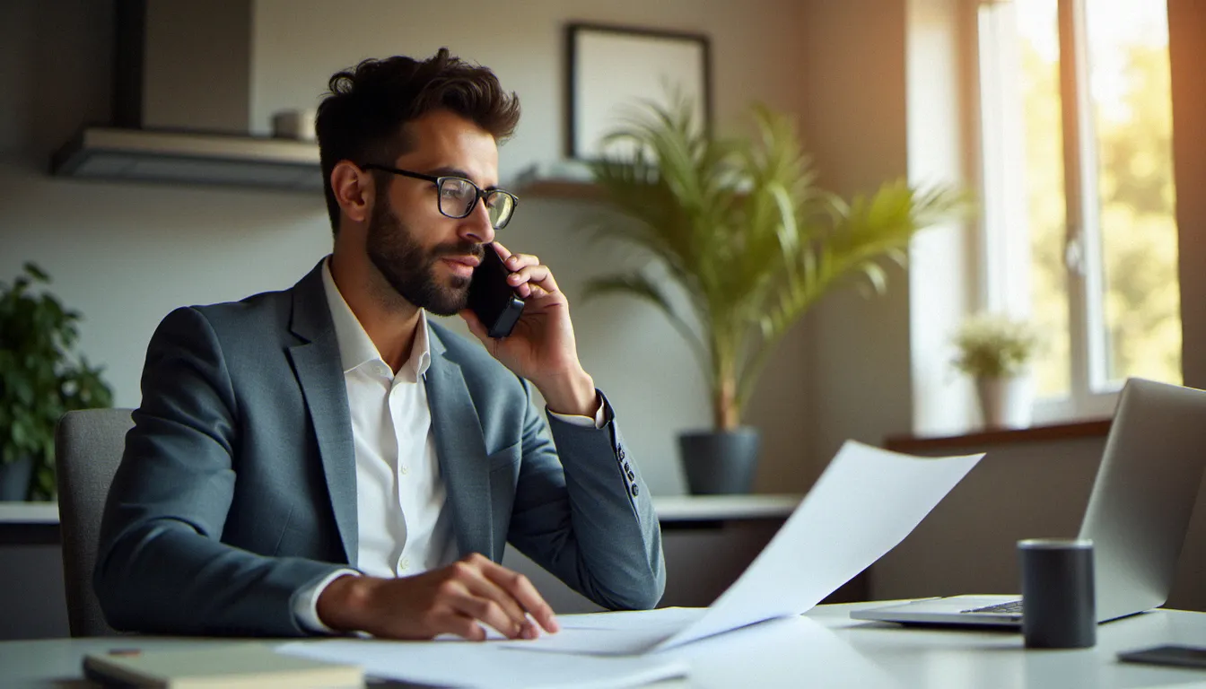 Un responsable de services à domicile consulte des documents de prestataires lors d'un entretien téléphonique dans un bureau à domicile lumineux, représentant le choix d'un prestataire de services sans soucis fiable