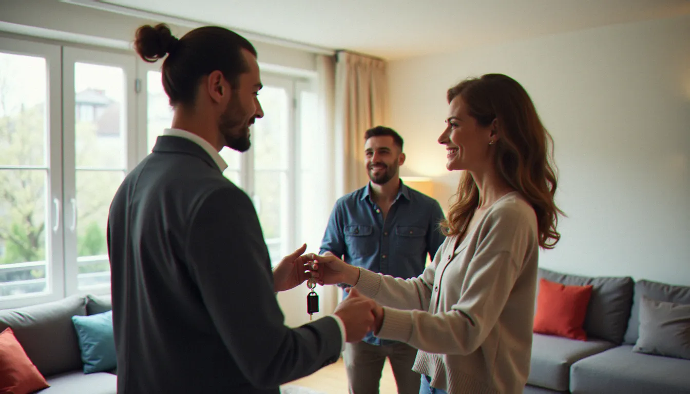 Un coordinateur de services sans soucis remet les clés d'un appartement à un couple satisfait après une installation complète à domicile