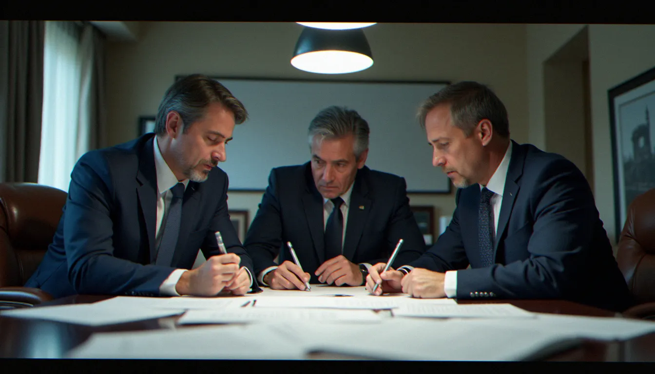 Réunion de professionnels du renseignement autour d'une table de travail, illustrant la coordination entre les agences des services secrets israéliens